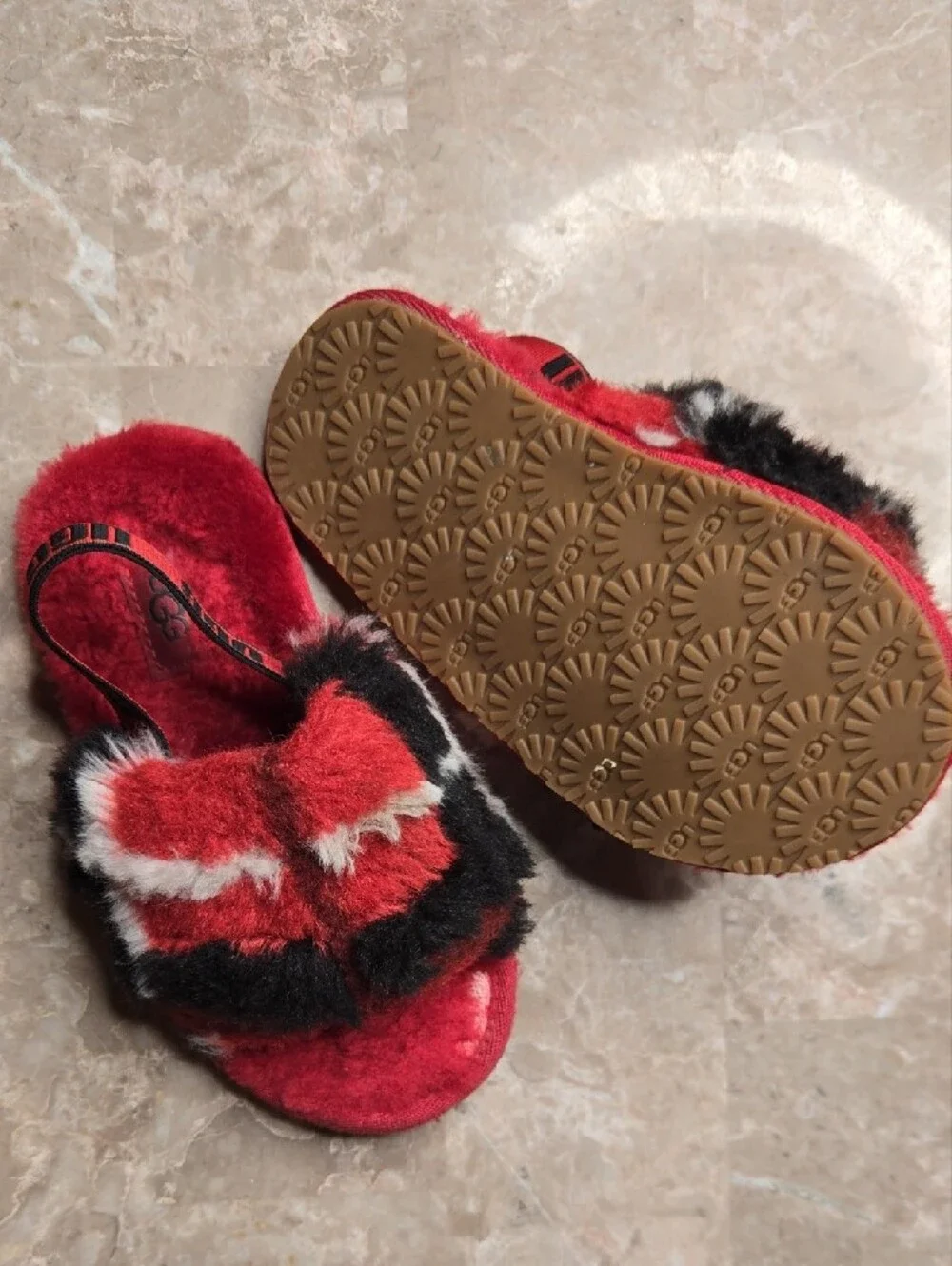 UGG Kids Red, Black & White Fuzzy Slide Sandals